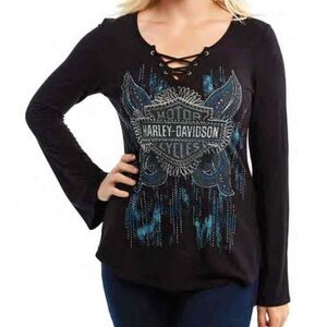Harley-Davidson Lace-Up Long Sleeve Women’s Rhinestone Butterfly Top